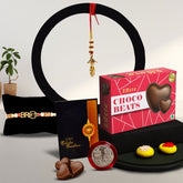 Red & Blue Mina With Diamond And Beads Rakhi With Effete Choco Beats Chocolate 32Gm ,Silver Color Pooja Coin, Roli Chawal & Greeting Card