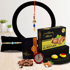 Traditional Design Diamond Rakhi With Effete Choco Almond Chocolate 32Gm ,Silver Color Pooja Coin, Roli Chawal & Greeting Card