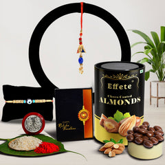 Traditional Design Diamond Rakhi With Effete Choco Almond Chocolate 96Gm ,Silver Color Pooja Coin, Roli Chawal & Greeting Card