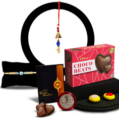 Traditional Design Diamond Rakhi With Effete Choco Beats Chocolate 32Gm ,Silver Color Pooja Coin, Roli Chawal & Greeting Card