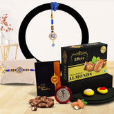 Square Traditional Rakhi With Diamond With Effete Choco Almond Chocolate 32Gm ,Silver Color Pooja Coin, Roli Chawal & Greeting Card