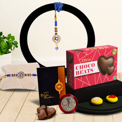 Square Traditional Rakhi With Diamond With Effete Choco Beats Chocolate 32Gm ,Silver Color Pooja Coin, Roli Chawal & Greeting Card