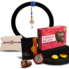 Square Traditional Rakhi With Diamond With Effete Choco Beats Chocolate 32Gm ,Silver Color Pooja Coin, Roli Chawal & Greeting Card
