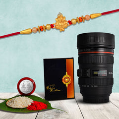 Ganesha Rakhi With Beads Work With Coffee Camera Lense Mug ,Silver Color Pooja Coin, Roli Chawal & Greeting Card