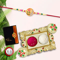 Flower Diamond Rakhi With Red And Green Mina With Square Pooja Thali Set ,Silver Color Pooja Coin, Roli Chawal & Greeting Card