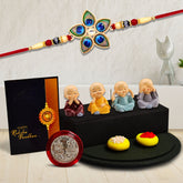 Morpichh Design Rakhi With Diamond With Decorative Baby Buddha Gift ,Silver Color Pooja Coin, Roli Chawal & Greeting Card