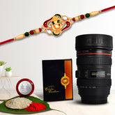 Ganesh Red Mina Rakhi With Diamond With Coffee Camera Lense Mug ,Silver Color Pooja Coin, Roli Chawal & Greeting Card