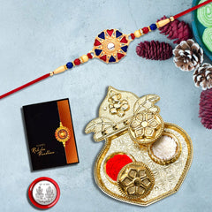 Golden Color Rakhi With Round Shape And Mina Work With Kalash Pooja Thali Set ,Silver Color Pooja Coin, Roli Chawal & Greeting Card