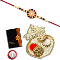 Golden Color Rakhi With Round Shape And Mina Work With Kalash Pooja Thali Set ,Silver Color Pooja Coin, Roli Chawal & Greeting Card