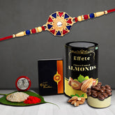 Red & Blue Heart Stone With Beads With Effete Choco Almond Chocolate 96Gm ,Silver Color Pooja Coin, Roli Chawal & Greeting Card