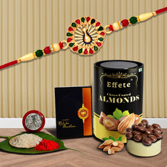 Peacock In Circle With Red & Green Mina With Effete Choco Almond Chocolate 96Gm ,Silver Color Pooja Coin, Roli Chawal & Greeting Card