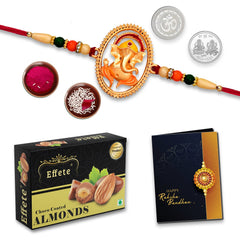 Ganesh Rakhi Combo with Effete Assorted Choco almond 32gm, Silver Color Pooja Coin, Roli Chawal & Greeting Card