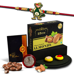 Kids Rakhi Design With Beads With Effete Choco Almond Chocolate 32Gm ,Silver Color Pooja Coin, Roli Chawal & Greeting Card