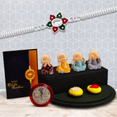 Silver Color Flower Rakhi With Diamond With Decorative Baby Buddha Gift For Your Brother,Silver Color Pooja Coin, Roli Chawal & Greeting Card