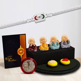 Silver Color Square With Green And Red Mina With Decorative Baby Buddha Gift ,Silver Color Pooja Coin, Roli Chawal & Greeting Card