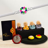 Silver Color Flower With Colorful Mina With Decorative Baby Buddha Gift ,Silver Color Pooja Coin, Roli Chawal & Greeting Card