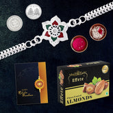 Flower Shape With Red & Green Mina Bracelet With Effete Choco Almond Chocolate 32Gm ,Silver Color Pooja Coin, Roli Chawal & Greeting Card