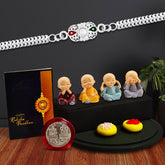 Silver Color Square With Green And Red Mina And Diamond With Decorative Baby Buddha Gift ,Silver Color Pooja Coin, Roli Chawal & Greeting Card