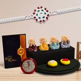 Silver Color Flower Rakhi With Diamond With Decorative Baby Buddha Gift ,Silver Color Pooja Coin, Roli Chawal & Greeting Card