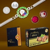 Radha Krishan In Circle Bracelet With Effete Choco Almond Chocolate 32Gm ,Silver Color Pooja Coin, Roli Chawal & Greeting Card