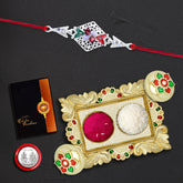 Silver Color Rakhi With Colorful Flower Mina And Diamond With Square Pooja Thali Set ,Silver Color Pooja Coin, Roli Chawal & Greeting Card