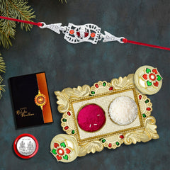 Silver Traditional Type Rakhi With Ganesha With Square Pooja Thali Set ,Silver Color Pooja Coin, Roli Chawal & Greeting Card