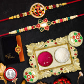 Swastik Rakhi And Om Rakhi With Square Pooja Thali Set ,Silver Color Pooja Coin, Roli Chawal & Greeting Card