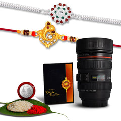 Ganesha And Flower Silver Color Rakhi With Coffee Camera Lense Mug ,Silver Color Pooja Coin, Roli Chawal & Greeting Card