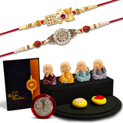 Om Rakhi With Diamond And Traditional Rakhi In Round Shape With Decorative Baby Buddha Gift ,Silver Color Pooja Coin, Roli Chawal & Greeting Card
