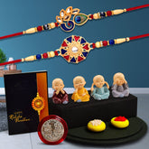 Mor With Morpichh Rakhi And Round Traditional Rakhi With Red And Blue Mina Work With Decorative Baby Buddha Gift ,Silver Color Pooja Coin, Roli Chawal & Greeting Card