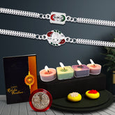 Traditional Square And Ganesh Mina Silver Color Rakhi With Decorative Gift 4Pc Diya Set ,Silver Color Pooja Coin, Roli Chawal & Greeting Card