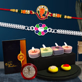 Ganesh Golden Color Rakhi And Silver Flower Rakhi With Decorative Gift 4Pc Diya Set For Your Brother,Silver Color Pooja Coin, Roli Chawal & Greeting Card