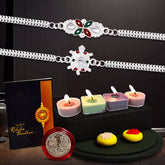 Turtle Silver Color Rakhi With Square Traditional Rakhi With Decorative Gift 4Pc Diya Set ,Silver Color Pooja Coin, Roli Chawal & Greeting Card