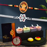 Ganesh Golden Color Rakhi And Silver Flower Rakhi With Decorative Gift 4Pc Diya Set ,Silver Color Pooja Coin, Roli Chawal & Greeting Card