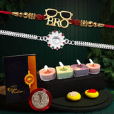 Silver Flower And Bro Swag Rakhi With Decorative Gift 4Pc Diya Set ,Silver Color Pooja Coin, Roli Chawal & Greeting Card