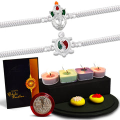 Ganesh And Turtle Silver Color Rakhi With Decorative Gift 4Pc Diya Set ,Silver Color Pooja Coin, Roli Chawal & Greeting Card