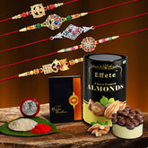 Golden Color Rakhi With Traditional And Religious Design Rakhis With Effete Choco Almond Chocolate 96Gm ,Silver Color Pooja Coin, Roli Chawal & Greeting Card