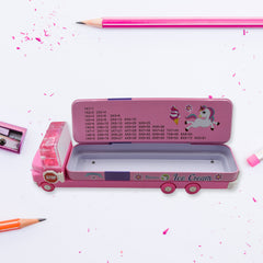 4568 Double Decker Magic Truck Compass Multi Level Metal Truck Compass Pencil Case with Movable Wheels & Sharpener (Mix Design)