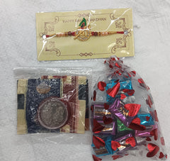 Rakhi Gift Combo with 1 Designer Rakhi for Brother – Includes Assorted Chocolates Pouch (10 pcs), Silver Coin, Roli Chawal & Greeting Card,Rakhi Gift Combo