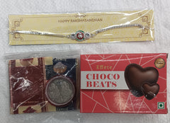 Rakhi Gift Combo with 1 Premium Rakhi for Brother – Includes Choco Beats Box, Silver Coin, Roli Chawal & Greeting Card,Rakhi Gift Combo