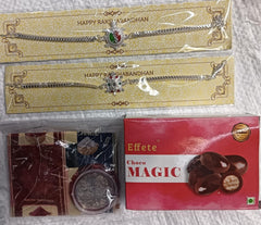Rakhi Gift Combo with 2 Designer Rakhis for Brother – Includes Choco Magic Box, Silver Coin, Roli Chawal & Greeting Card,Rakhi Gift Combo