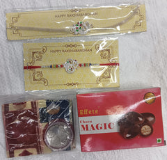 Elegant Silver Rakhi Combo Gift Set for Brother – With Choco Magic Coated Nuts, Roli-Chawal, Coin & Raksha Bandhan Card