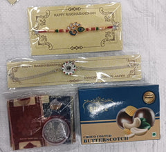 Premium Rakhi Gift Combo for Brother – 2 Designer Rakhis with Butterscotch Chocolate, Coin, Tilak & Greeting Card