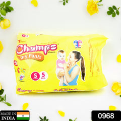 0968 Small Champs Dry Pants Style Diaper- Small Best for Travel Absorption, Champs Baby Diapers, Champs Soft and Dry Baby Diaper Pants (S5 Pcs )