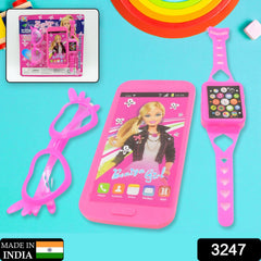 3247 Barbiee Phone, Watch and Glasses Set for Girls, Beautiful Barbie Musical phone ABS Plastic Toy Battery Operated Barbie Glass | Musical Mobile Phone / Toddler / Toy Phone for Kids / Calling Toy Phone (3 Pcs Set, Battery Not Included)