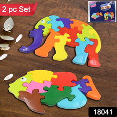 Plastic Fish & Elephant Shape Puzzle Building Blocks Toy Non-Toxic Puzzle Blocks Fish Puzzle Educational Toys for Toddler / Little Kid / Big Kid (2 Pc Set)