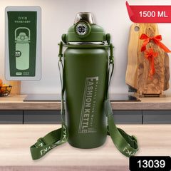 13039 Liter Stainless Steel Water Bottle with Straw, Strap & Handle Vacuum Insulated Thermos Flask Double-Walled Coffee Thermos Flask Leak-proof Water Bottle for Sports, Fitness, Gym (1500ML)