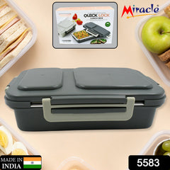5583 Miracle Quick Lock Leak Proof 2 Compartment Stainless Steel LUNCH BOX Inner Plate Reusable Microwave Freezer Safe Lunch Box Trendy Thermal Insulation Leak Proof for Office Vacuum Tiffin Box for Boys / Girls / School / Office Women and Men