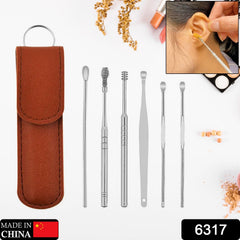 6317 6-in-1 Ear Wax Cleaner- Resuable Ear Cleaning Tools Leather Pouch - Ear Pick Wax Remover Tool Kit with Ear Curette Cleaner and Spring Ear Buds Cleaner Fit in Pocket Great for Traveling DeoDap