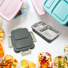 5583 Miracle Quick Lock Leak Proof 2 Compartment Stainless Steel LUNCH BOX Inner Plate Reusable Microwave Freezer Safe Lunch Box Trendy Thermal Insulation Leak Proof for Office Vacuum Tiffin Box for Boys / Girls / School / Office Women and Men